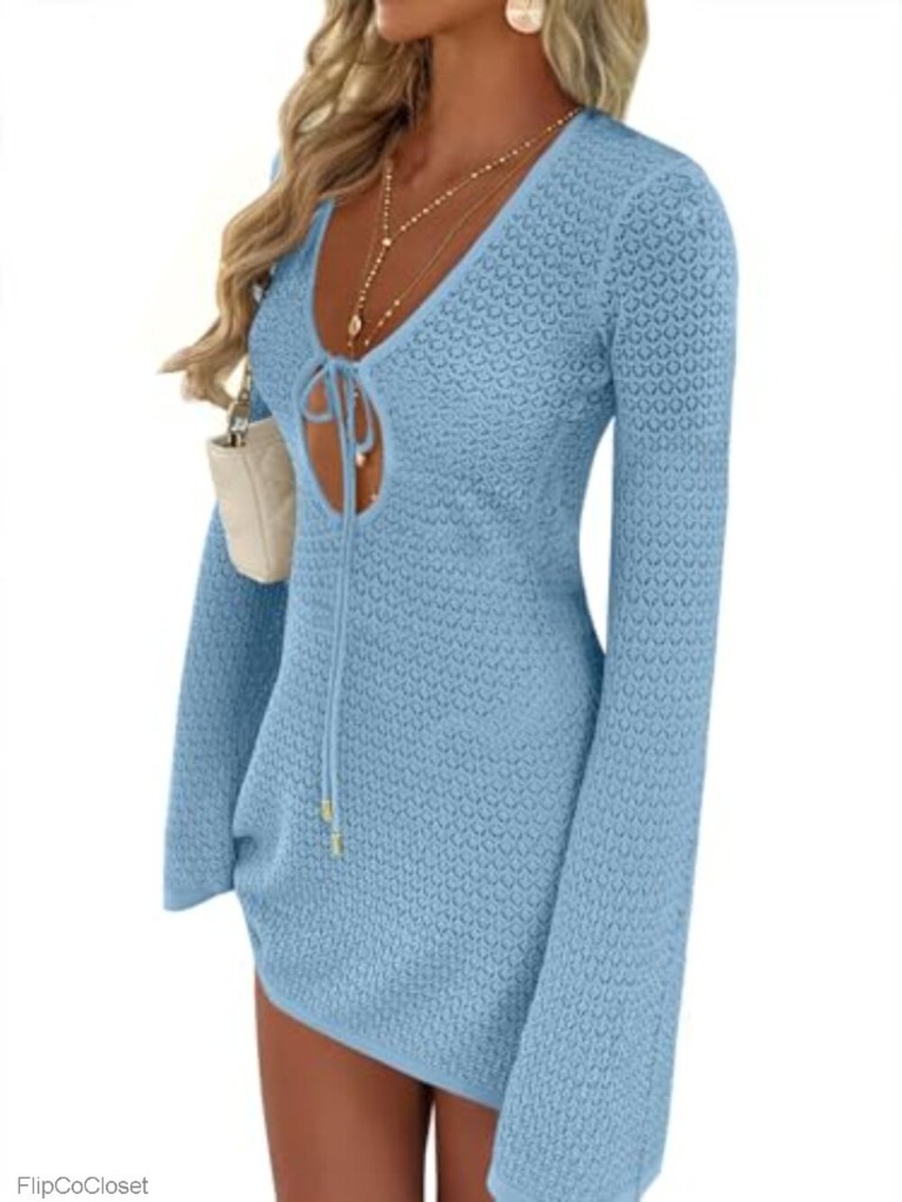 ANRABESS Women's Crochet Knit Swimsuit Cover Up Long Bell Sleeve V-Neck